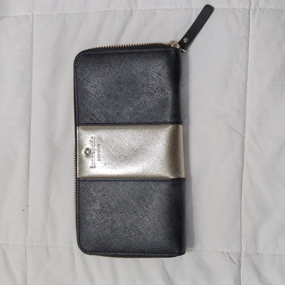 kate spade Black and Metallic Gold Zip Around Wallet